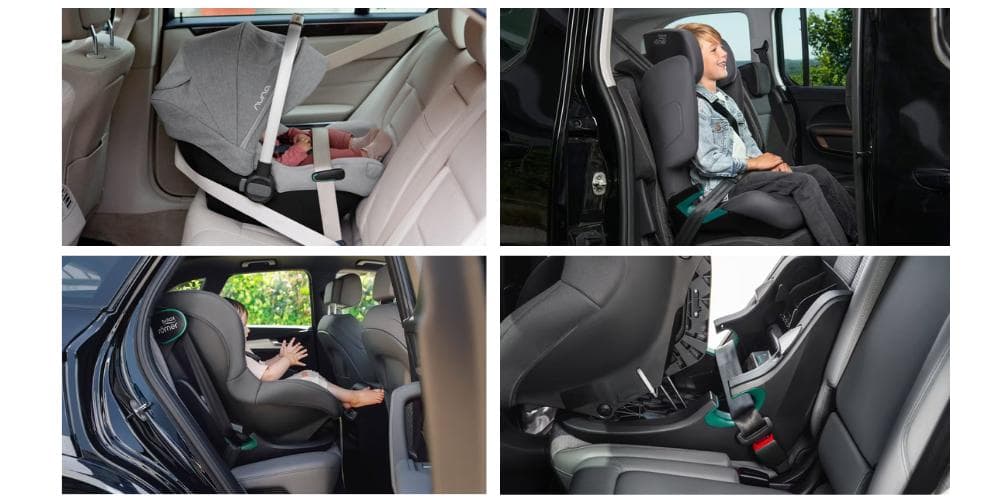 Autosedačky různých velikostí upevněné bezpečnostním pásem auta.