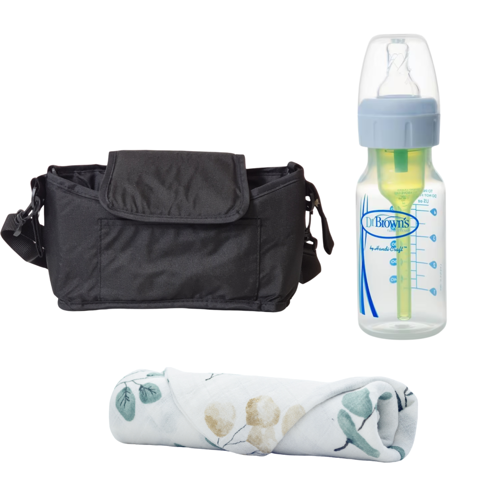 Sada Mamaleto Organizér na kočárek, Dr. Brown's Baby Anti-colic láhev Options+ 120ml BPA FREE, Mamaleto Mušelínová plena Bledě zelená