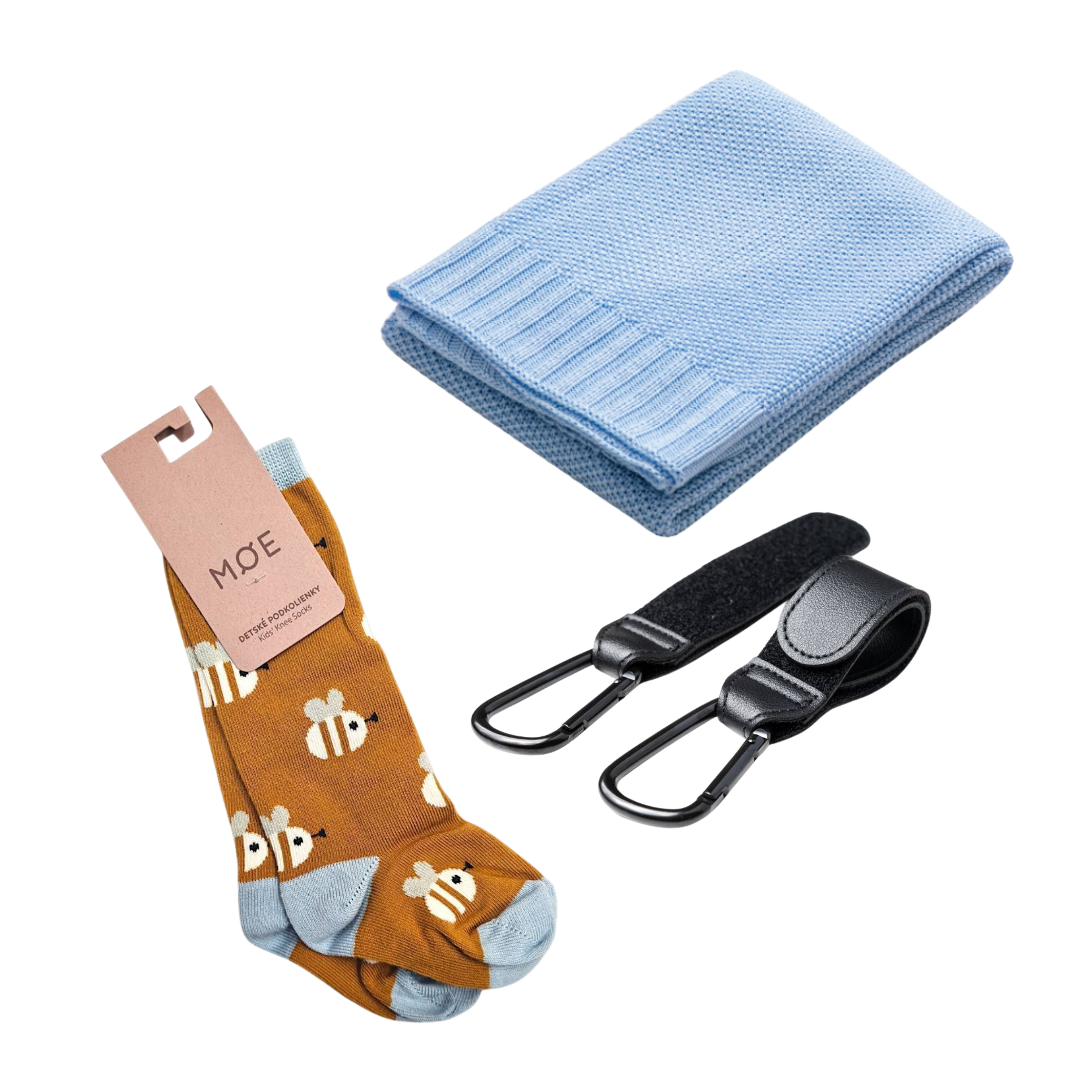 Set of Mamaleto Blanket 80x100 Blue, Moe Children's knee socks Bees, Mamaleto Bag Holders Black