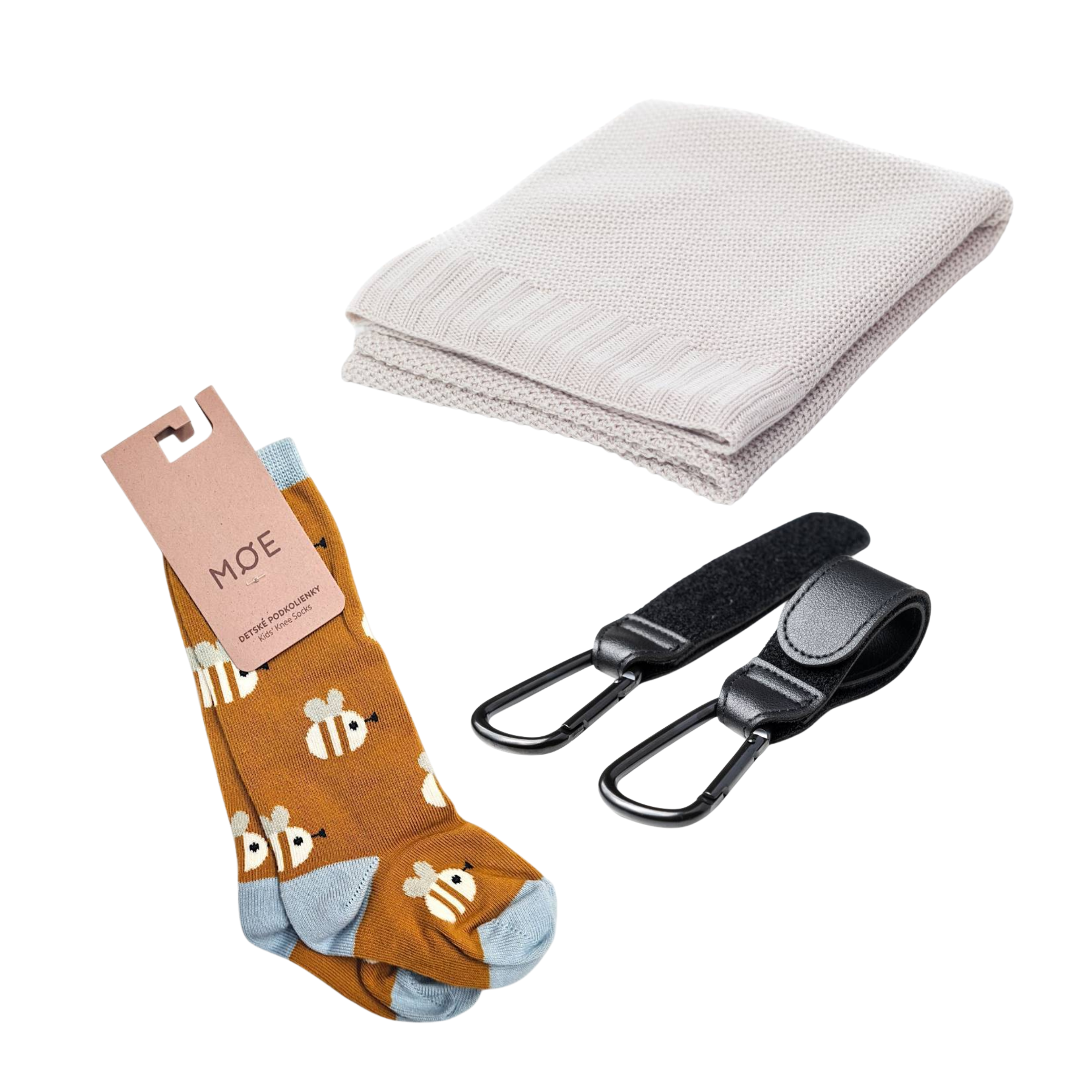 Set of Mamaleto Blanket 80x100 Cream, Moe Children's knee socks Bees, Mamaleto Bag Holders Black