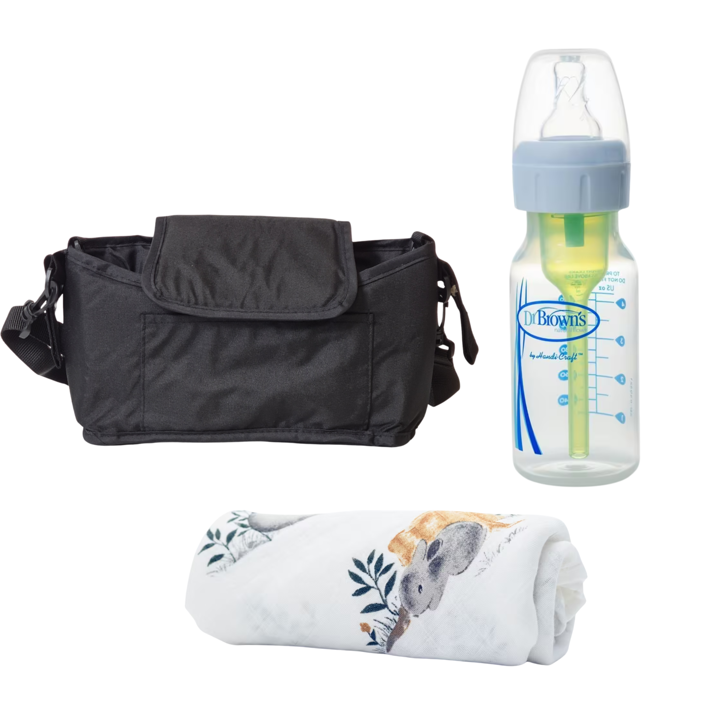 Sada Mamaleto Organizér na kočárek, Dr. Brown's Baby Anti-colic láhev Options+ 120ml BPA FREE, Mamaleto Mušelínová plena Tmavě šedá