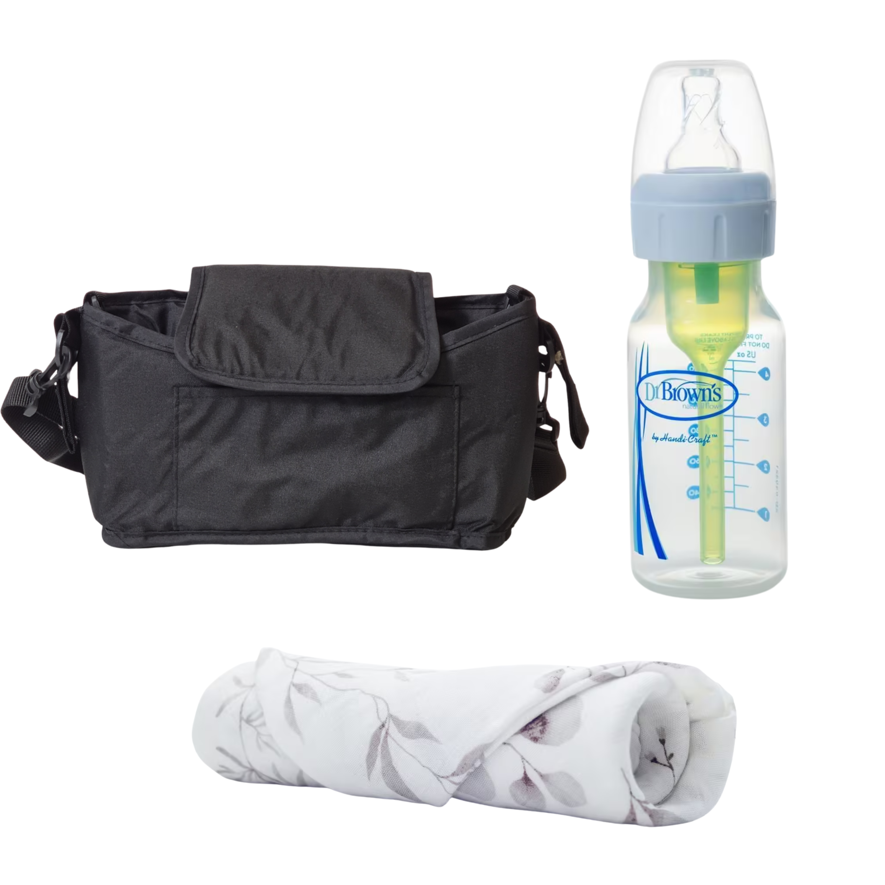 Sada Mamaleto Organizér na kočárek, Dr. Brown's Baby Anti-colic láhev Options+ 120ml BPA FREE, Mamaleto Mušelínová plena Světle šedá