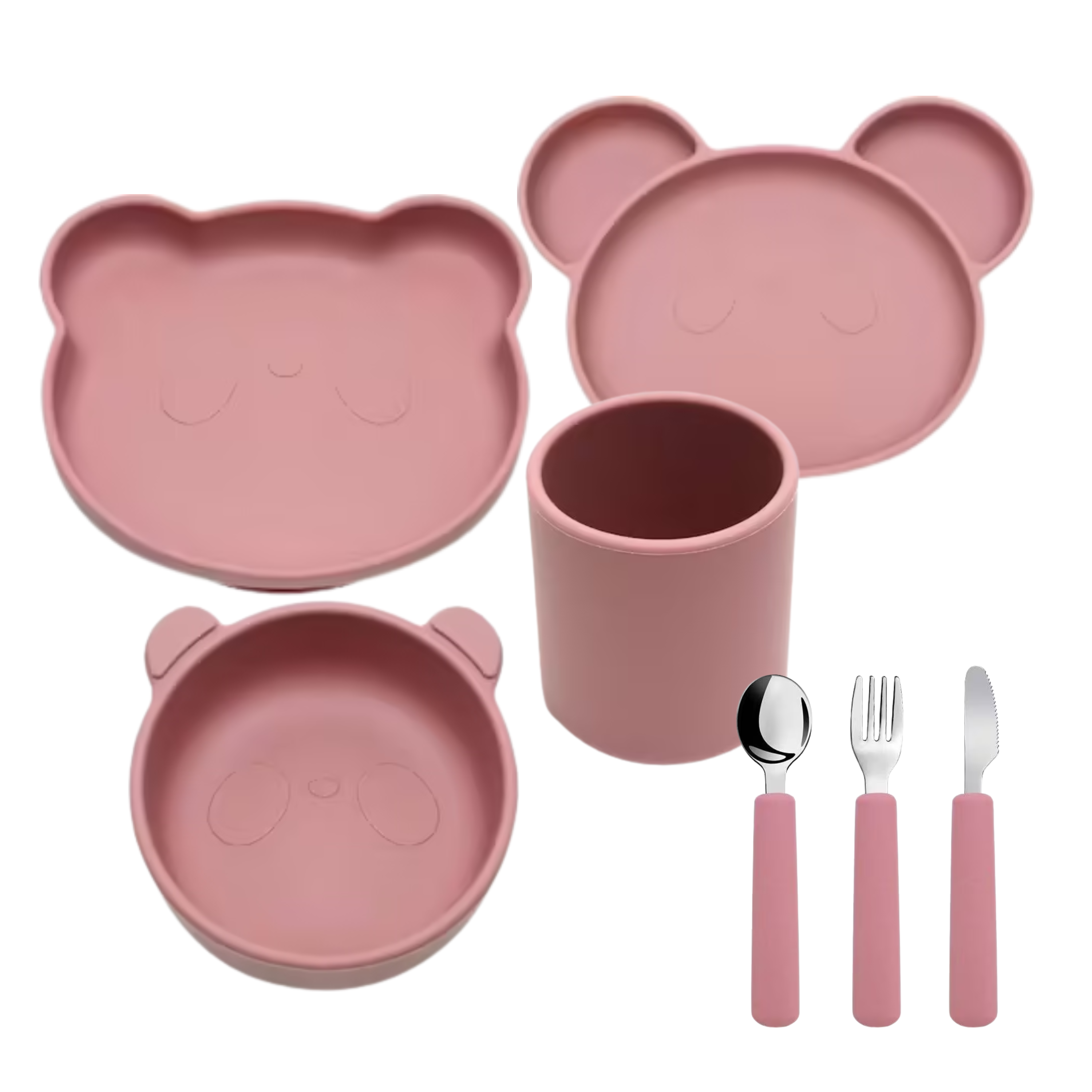 Jídelní set Panda 7-dílný – talíř, dělicí talíř, miska, pohár, příbor