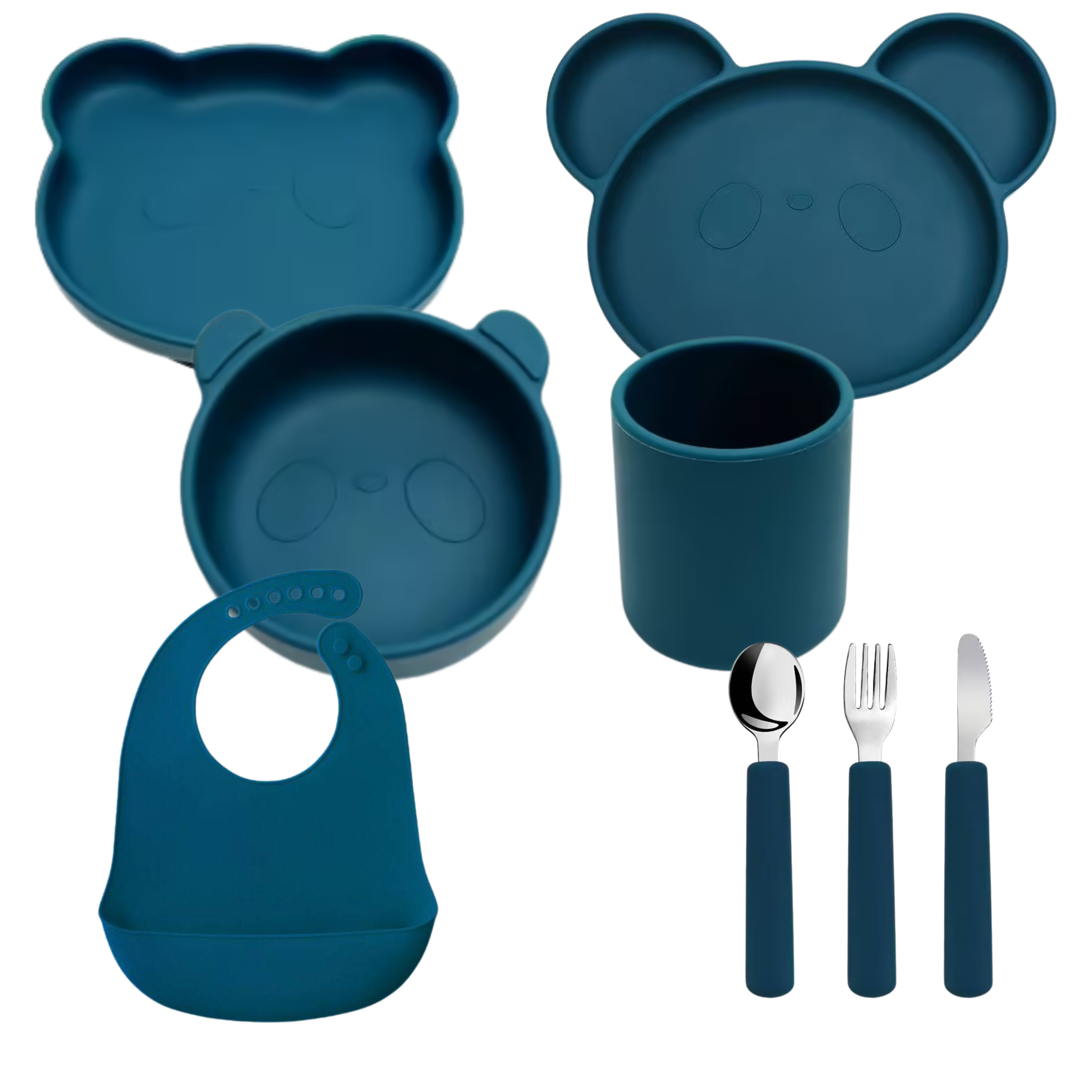 Jídelní set Panda 8-dílný – talíř, dělicí talíř, miska, pohár, příbor, bryndák